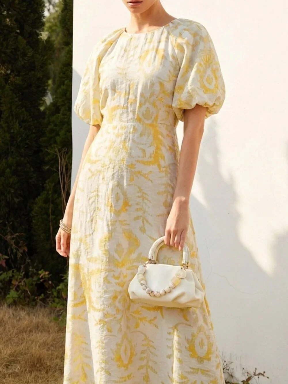 Light Yellow Boho Women's Bamboo Knit Floral Print Short Sleeve Cinched Dress